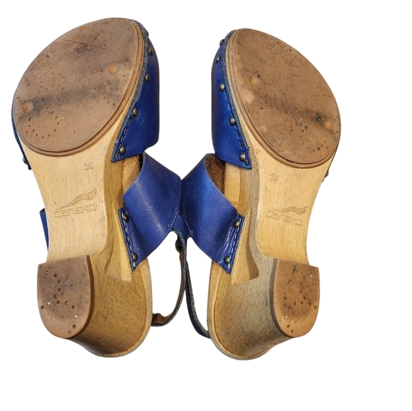 Dansko Women’s 36 Blue Leather Thea Strappy Heeled Clog Sandals - Picture 8 of 9